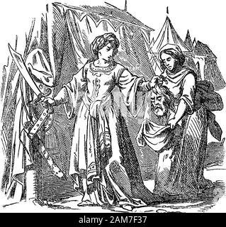 Vintage drawing or engraving of biblical story of Judith putting head of Assyrian army general Holofernes in bag.Bible, Old Testament, Judith 13. Biblische Geschichte , Germany 1859. Stock Vector