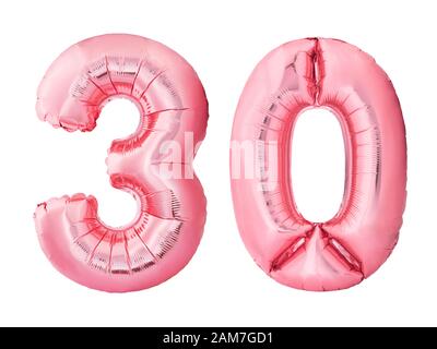 Number 30 thirty made of rose gold inflatable balloons isolated on white background. Discount and sale or birthday concept Stock Photo