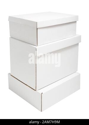 Pile of white cardboard boxes isolated on white background Stock Photo