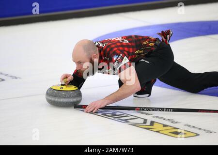 10th of Jan 2020, London Ontario Canada and the Western fair sports complex.   After 8 Draws Team Europe leads Team Canada 17.5 -6.5 in the 2020 Continental Cup.  Team Canada B.J. Neufeld From Calgary Alberta playing for team Koe Luke Durda/Alamy Live news. Stock Photo