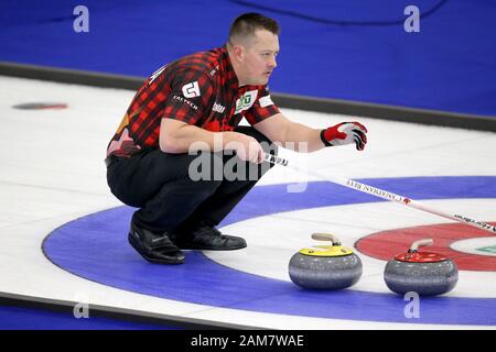 10th of Jan 2020, London Ontario Canada and the Western fair sports complex.   After 8 Draws Team Europe leads Team Canada 17.5 -6.5 in the 2020 Continental Cup.  Team Canada Ben Hebert from Calgary Alberta playing for team Koe Luke Durda/Alamy Live news. Stock Photo