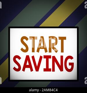 Text sign showing Start Saving. Business photo text money that a demonstrating keeps in an account in a bank or like Front close up view big blank rec Stock Photo