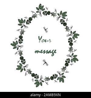 Oval frame for your text from vector elements, grass, leaves and dragonflies. Stock Vector