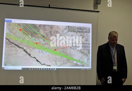 Vice President of Ukraine International Airlines (UIA) for flight Operations, Ihor Sosnovskyi stand next to a screen that showed flight PS-752 departure paths, during a news conference about the Ukrainian Boeing 737-800 plane crash in Iran, at the Boryspil International Airport. Stock Photo