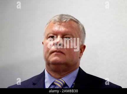 Vice President of Ukraine International Airlines (UIA) for flight Operations, Ihor Sosnovskyi attends a news conference about the Ukrainian Boeing 737-800 plane crash in Iran, at the Boryspil International Airport. Stock Photo