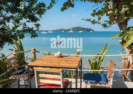 Romantic outdoor beach cafe on the tropical island in Thailand Stock Photo