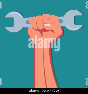 hand holding open end wrench isolated for labor symbol concept vector illustration Stock Vector