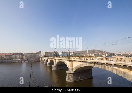 Palacky bridge, also called Palackeho Most, in Prague, Czech Republic, over the Vltava river, with a view of the Smichov and Andel districts, in the c Stock Photo