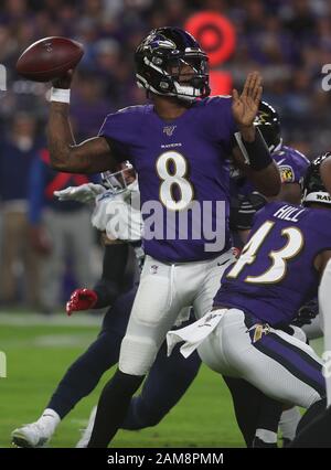 Baltimore, United States. 11th Jan, 2020. Baltimore Ravens quarterback  Lamar Jackson (8) looks to the sideline during the second quarter of their  division playoff game against the Tennessee Titans at M&T Bank