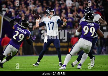 Baltimore, United States. 11th Jan, 2020. Baltimore Ravens linebacker Tyus  Bowser (54) reacts as he misses an interception against Tennessee Titans in  the second quarter of their division playoff game at M&T