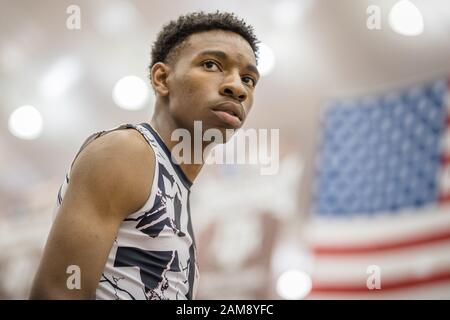 College Station, Texas, USA. 11th Jan, 2020. Josh Benford of Pearland Track Xpress prepares to race during the Texas A&M High School Indoor Classic at the McFerrin Athletic Center's Gilliam Indoor Stadium in College Station, Texas. Prentice C. James/CSM/Alamy Live News Stock Photo