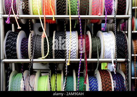 Rows of bright multi-colored rope and cord, Seoul, South Korea Stock Photo