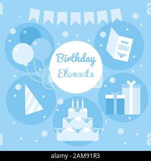 Blue cartoon birthday elements. Decoration objects, garlands, cake, balloons, card, gifts and party hat. Stock flat vector illustration. Stock Vector
