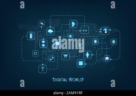 Digital technology connection concept with icons on world map with circuit board pattern vector illustration Stock Vector