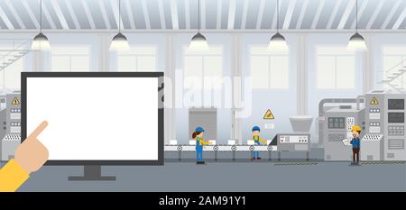 Hand point at empty screen monitor in factory with worker and machine flat design vector illustration Stock Vector