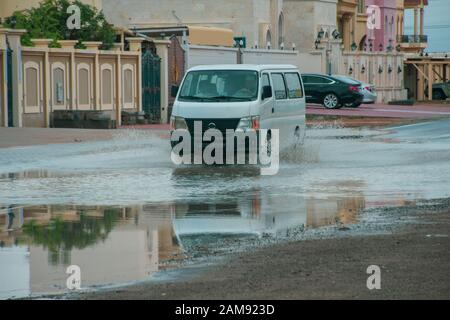 Ras al Khaimah, Ras al Khaimah/United Arab Emirates - 1/11/2020: A stormy day in the United Arab Emirates leaves flooding throughout the city of Ras a Stock Photo