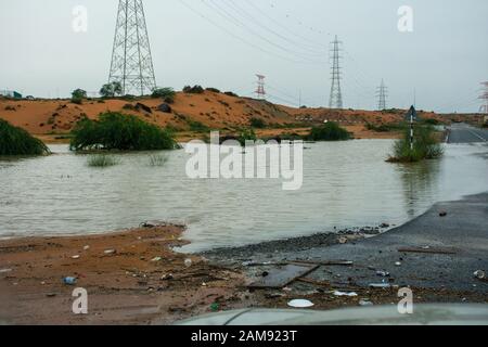 A stormy day in the United Arab Emirates leaves flooding throughout the city of Ras al Khaimah and surrounding Emirates. No school. Stock Photo