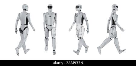 3d rendering set of artificial intelligence cyborgs or robots walk isolated on white Stock Photo