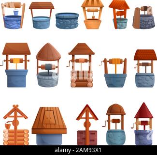 Water well icons set. Cartoon set of water well vector icons for web design Stock Vector