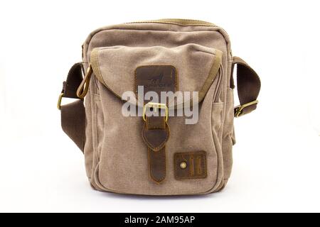 Alberton, South Africa - a shoulder carry bag made from leather and canvas from Topwolf available at Tentco image in horizontal format Stock Photo