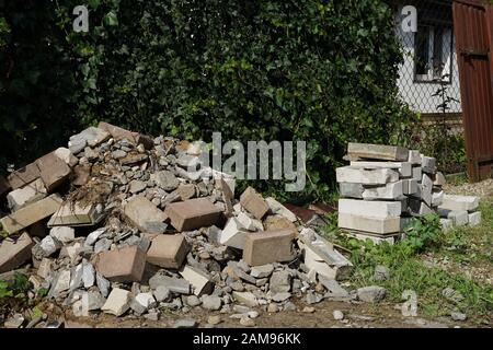 renovation in the garden - a pile of bricks Stock Photo