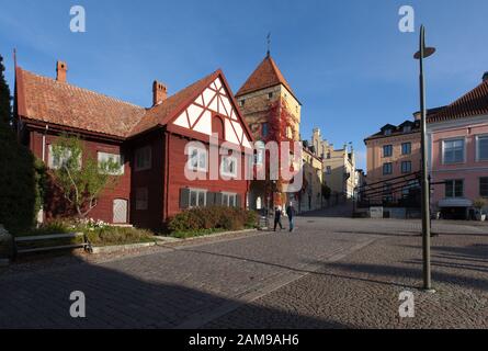 VISBY, SWEDEN ON OCTOBER 11, 2019. Street view of buildings. Old house, homes in the town. Unidentified folk. Editorial use. Stock Photo