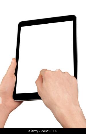a male hand holding a touchpad pc, one finger touches the screen, isolated on white Stock Photo