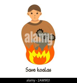 A man holds a small koala in his arms. Rescue animals from fires in Australia. Inscription save koalas. Brave man, volunteer and firefighter rescuer. Stock Vector