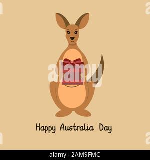 Happy kangaroo congratulates on Australia Day holiday. January 26. Australia day inscription. National patriotic holiday in the country. Kangaroo give Stock Vector
