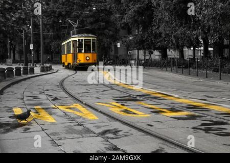 A picture of the typical yellow tram in Milan, Italy, passing throught the city center. The tram is isolated in the black and white background. Stock Photo