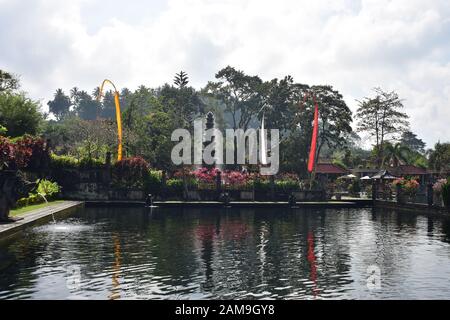 Outdoor swimming pool with tall fountain in background on premises of Tirta Gangga water palace in Bali.