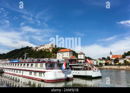 Excursion boats passau moored on the river, Passau Danube river Bavaria Germany Stock Photo