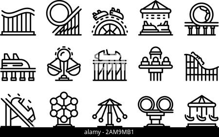 Roller coaster icons set, outline style Stock Vector