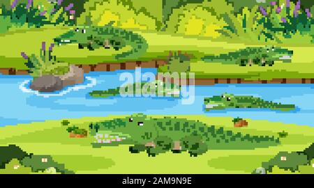 Background scene with crocodiles in the river illustration Stock Vector