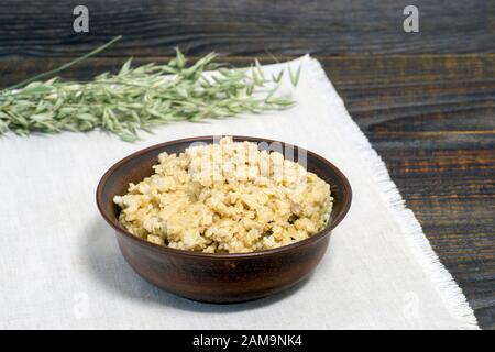 Oatmeal porridge in a ceramic brown bowl on a light linen napkin against a background of green spikelets of oats on a dark wooden table background. Th Stock Photo