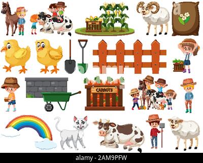 Large set of isolated farm objects illustration Stock Vector