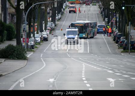 Dortmund, Germany. 12th Jan, 2020. The access to the city centre is closed. Because of the suspicion of four aerial bombs from the Second World War thousands of people have to leave the danger zone. If the suspicions are confirmed, the bombs are to be defused today. Credit: Henning Kaiser/dpa/Alamy Live News Stock Photo