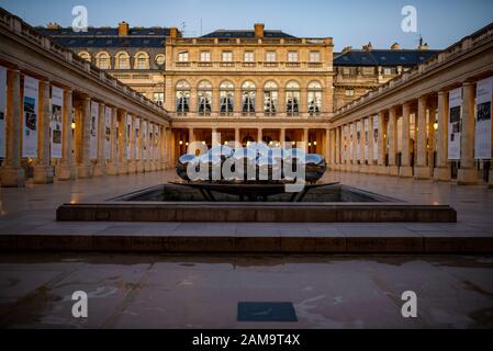 Medium distance view of a modern public sculpture, taken during a winter morning at the Palais Royal public garden, Paris, France Stock Photo