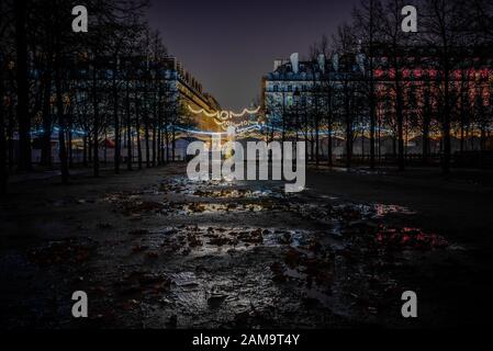 Tuileries public garden, early morning with Christmas decorations, taken with long exposure, Paris, France Stock Photo