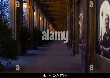 One of the arcade of the Palais Royal public garden, taken during a winter morning, Paris, France Stock Photo