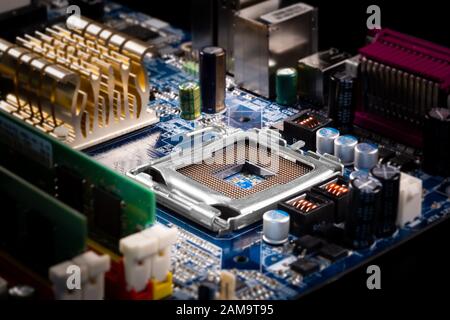 CPU socket on the computer motherboard. Close-up Stock Photo