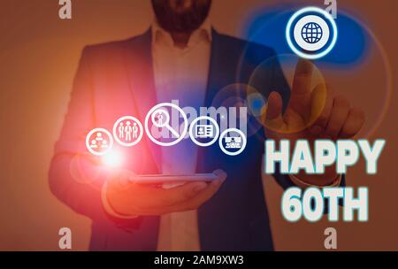 Writing note showing Happy 60Th. Business concept for a joyful occasion for special event to mark the 60th year Stock Photo