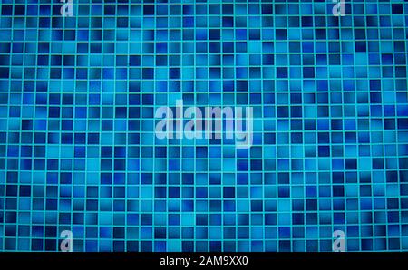 Blue tile pattern of swimming pool tiles. Pool tiles texture background. Clean water with swimming pool mosaic tiles floor. Modern pattern of tiny Stock Photo