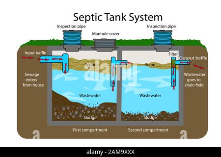 Septic Tank diagram. Septic system and drain field scheme . Infographic with text descriptions of a Septic Tank. Domestic wastewater. Stock vector Stock Vector