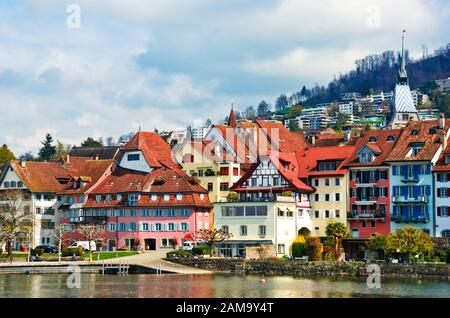 View of the city of Zug from Lake Zug, Switzerland. Stock Photo