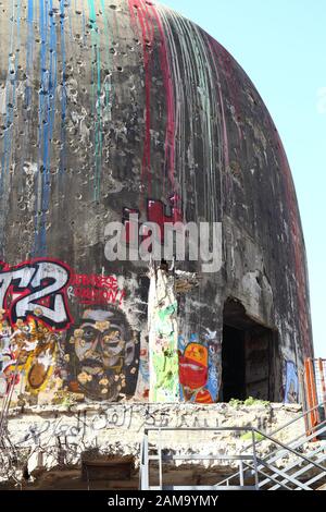 Editorial Beirut, Lebanon- 12.24.2019: Remains of the iconic Egg building originally built as a cinema and destroyed during the civil war. Stock Photo