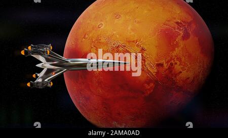 spaceship in orbit of planet Mars, mission to the red planet Stock Photo