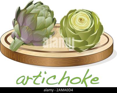 Artichoke on plate vector illustration set. Image isolated on white background. Stock Vector