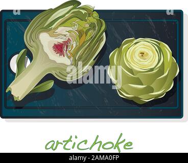 Artichoke on plate vector illustration set. Image isolated on white background. Stock Vector