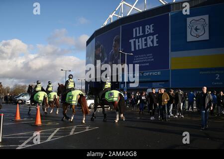 Cardiff, UK. 12th Jan, 2020. Police keep a close eye on fans ahead of the game. EFL Skybet championship match, Cardiff City v Swansea city at the Cardiff City Stadium on Sunday 12th January 2020. this image may only be used for Editorial purposes. Editorial use only, license required for commercial use. No use in betting, games or a single club/league/player publications. pic by Andrew Orchard/Andrew Orchard sports photography/Alamy Live news Credit: Andrew Orchard sports photography/Alamy Live News Stock Photo